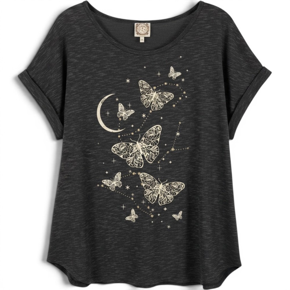 Trueselect Womens 3X Butterfly Moon Graphic Tee Charcoal Space Dye Cuffed Sleeve
